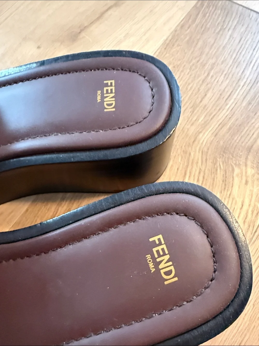 Fendi Brown Leather Logo Platform Slide Sandals